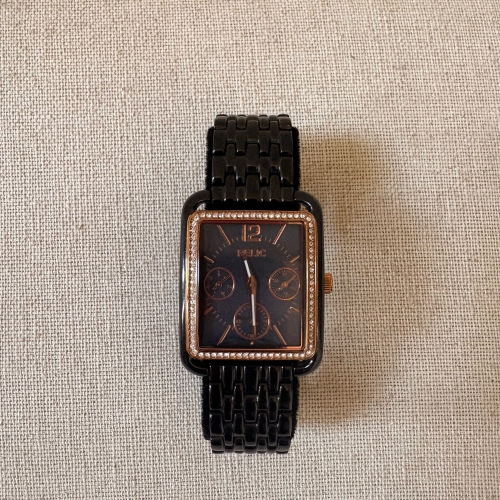 Relic Black and Rose Gold Rectangular Crystal Watch